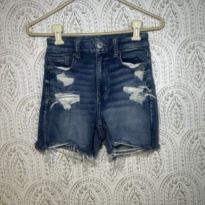 American‎ Eagle Womens Size 0 Denim Shorts Curvy Shortie Distressed Pockets